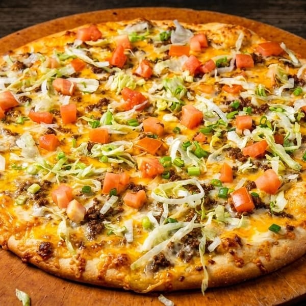 Taco pizza with ground beef, shredded lettuce, diced tomatoes, and cheese on a wooden board.