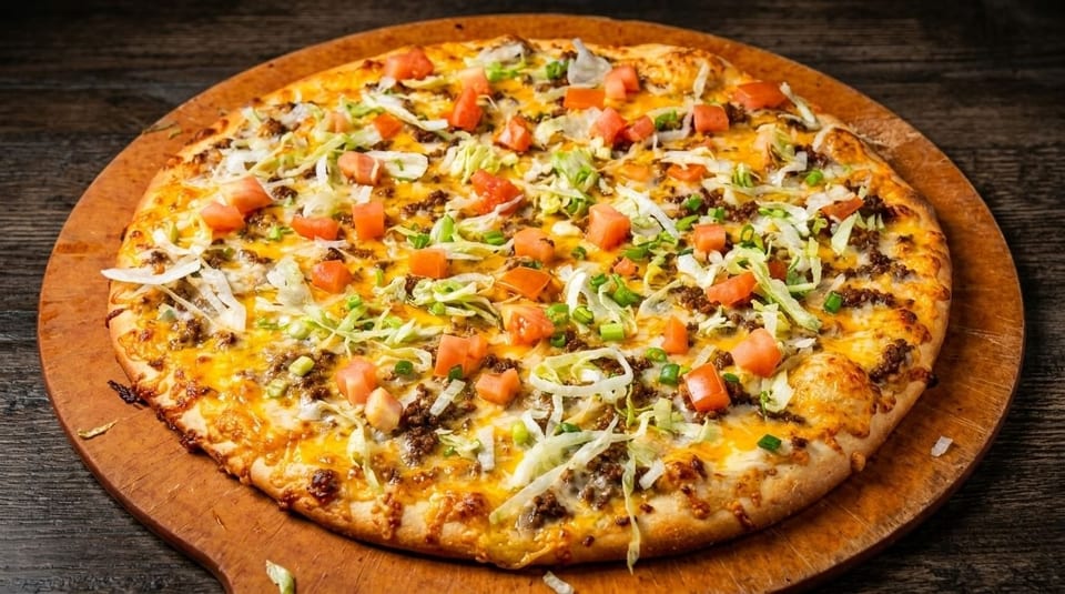 Taco pizza with ground beef, shredded lettuce, diced tomatoes, and cheese on a wooden board.