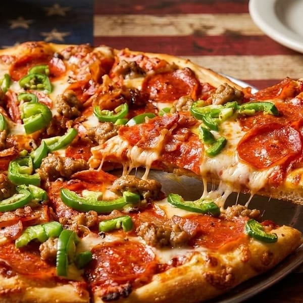 A slice of pepperoni, sausage, and jalapeño pizza being lifted from a whole pizza.