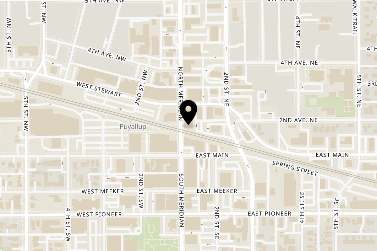 Map showing the location of Trackside Pizza Puyallup on 201 N Meridian in Puyallup