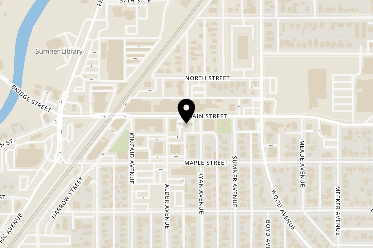 Map showing the location of Trackside Pizza Sumner on 1114 Main St in Sumner